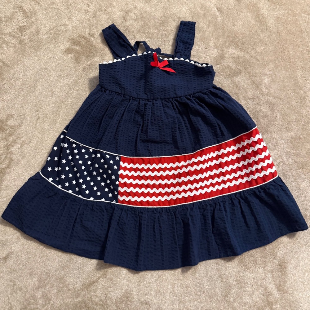 Rare Too Girls Navy Seersucker Patriotic American Flag Dress 3T 4th of July Bow